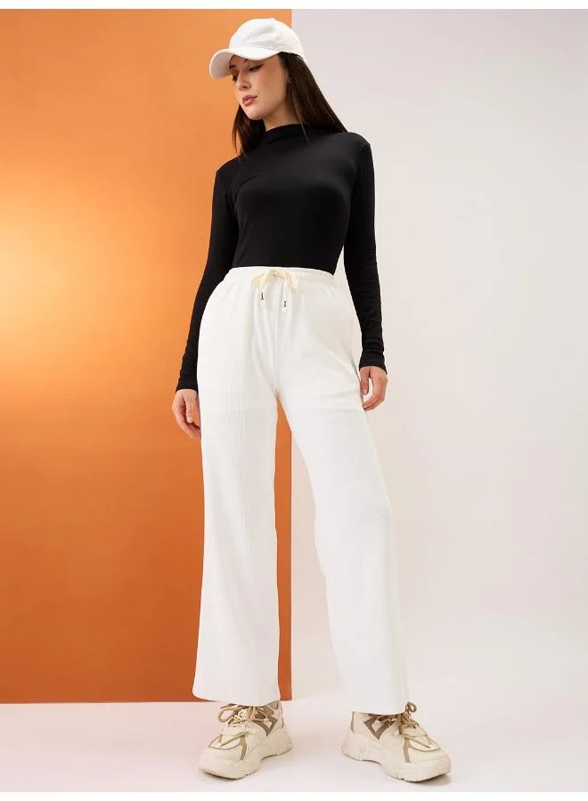 globus Globus Women White Self Design Mid-Rise Stretchable Straight Fit Trousers